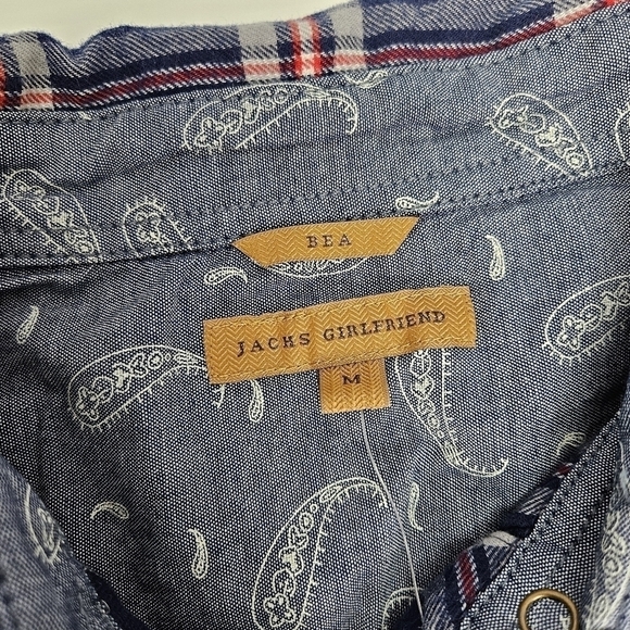 Jachs Girlfriend Shirt Medium Flannel Snap Front Long Sleeve Blue Plaid BEA NWT - Picture 2 of 9